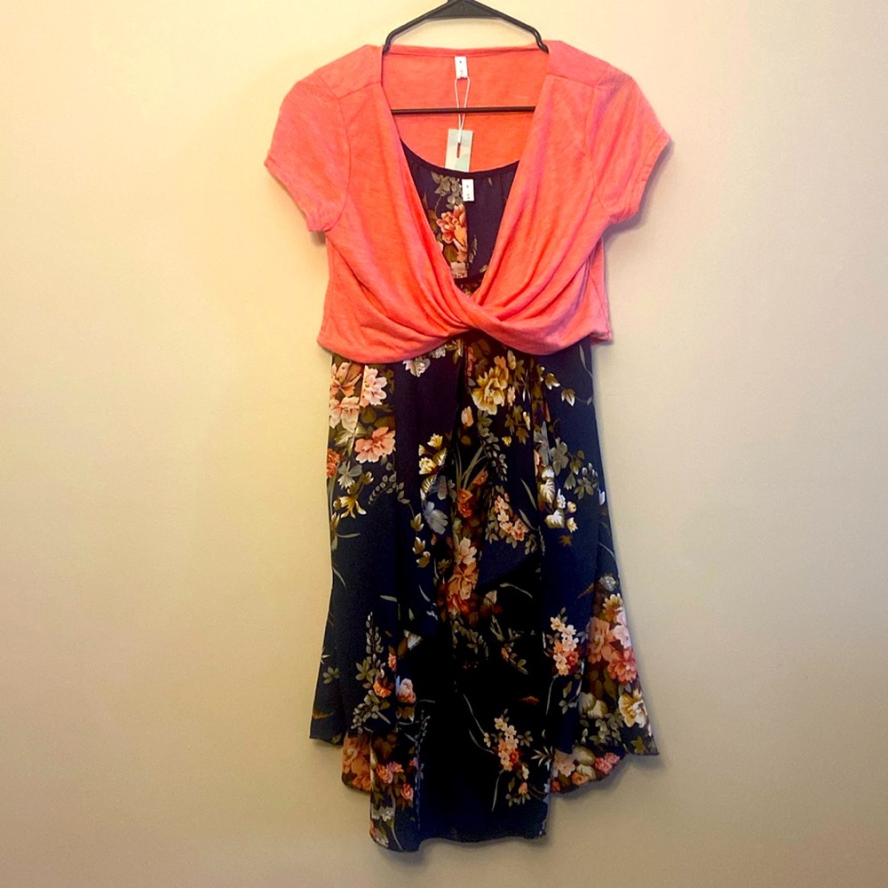 Light pink twisted shift over blue flower summer dress